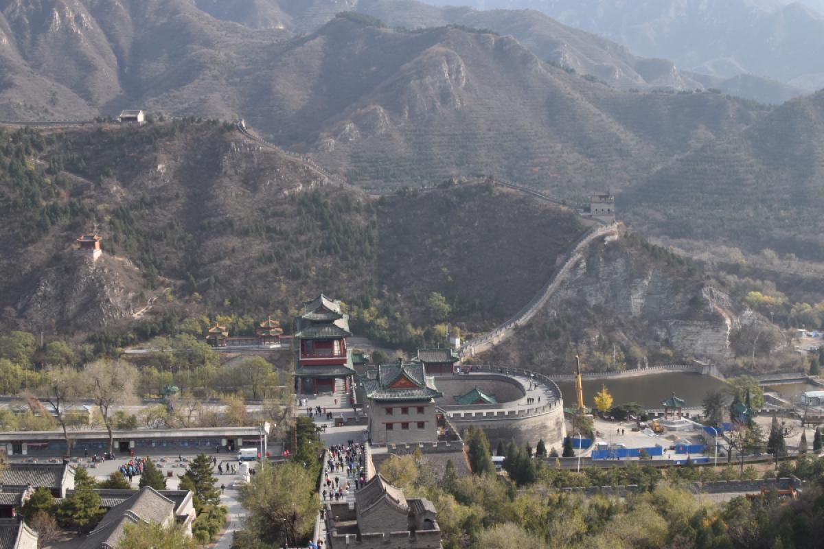 Aerial view of the Juyong Pass fortress and pavilions, the Great Wall climbing the mountainsides beyond