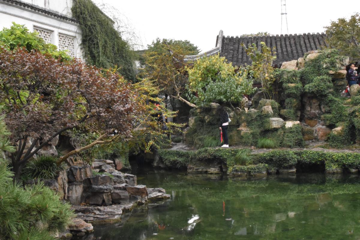 A woman with a red umbrella walks a mossy rock ledge along a green garden pond, tiled roofs and autumn trees behind her