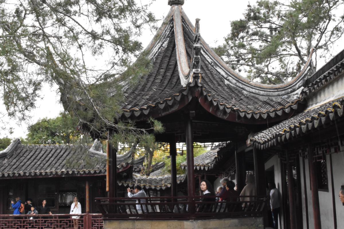 Tourists stand under the sweeping upturned tiled roof of a garden pavilion, with covered walkways and pines around it