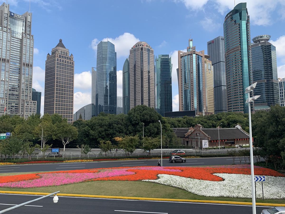 Beds of red, pink and white flowers beside a wide Shanghai road, office towers rising behind trees under blue sky
