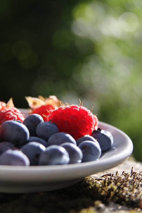 A bowl of blueberries with one raspberry front and center